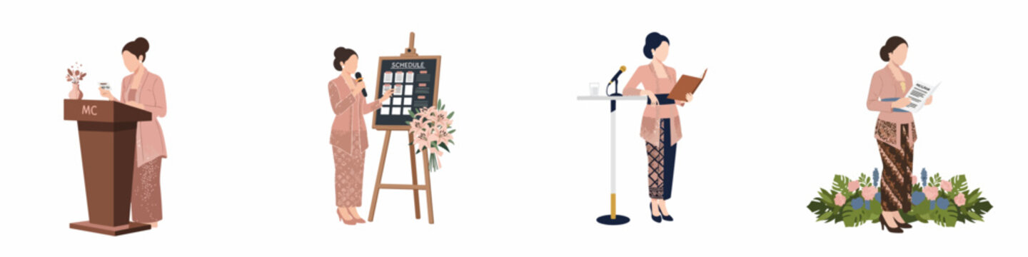 Set of Illustrations of Indonesian Female Master of Ceremonies in Traditional Kebaya and Batik Attire Hosting Events and Presenting Programs