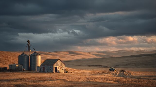 30.Vertical countryside landscape showing tiny house, silos, and barn structures, expansive fields leading to distant tractor, strong backlight from setting sun, dramatic sky and rustic mood