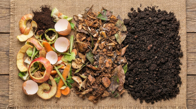 Compost decomposition stages with organic waste, soil, and nutrients