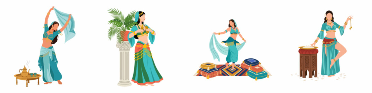 Set of illustrations featuring beautiful belly dancers in traditional costumes performing various movements and poses against cultural backdrops.