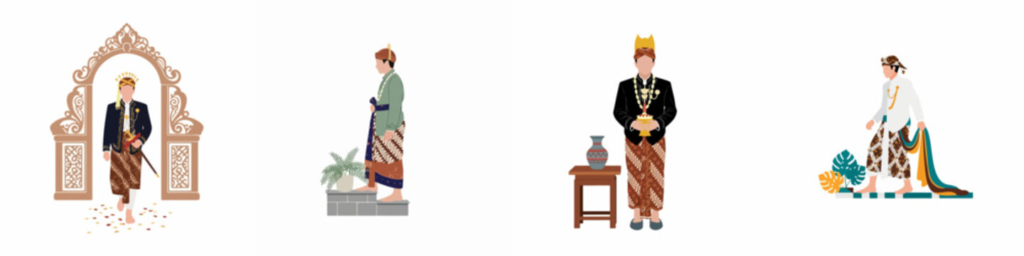 Illustration set of traditional Javanese grooms in ethnic Indonesian wedding attire performing various cultural rituals including walking through a decorative gate and ceremonial steps.