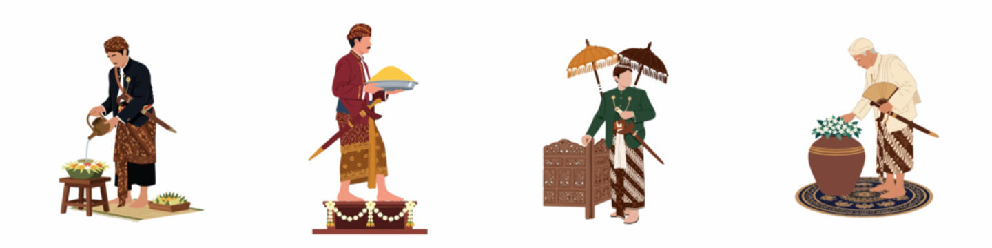 Set of Javanese Men in Traditional Clothing Performing Cultural Rituals and Ceremonies, Indonesian Heritage Vector Illustration