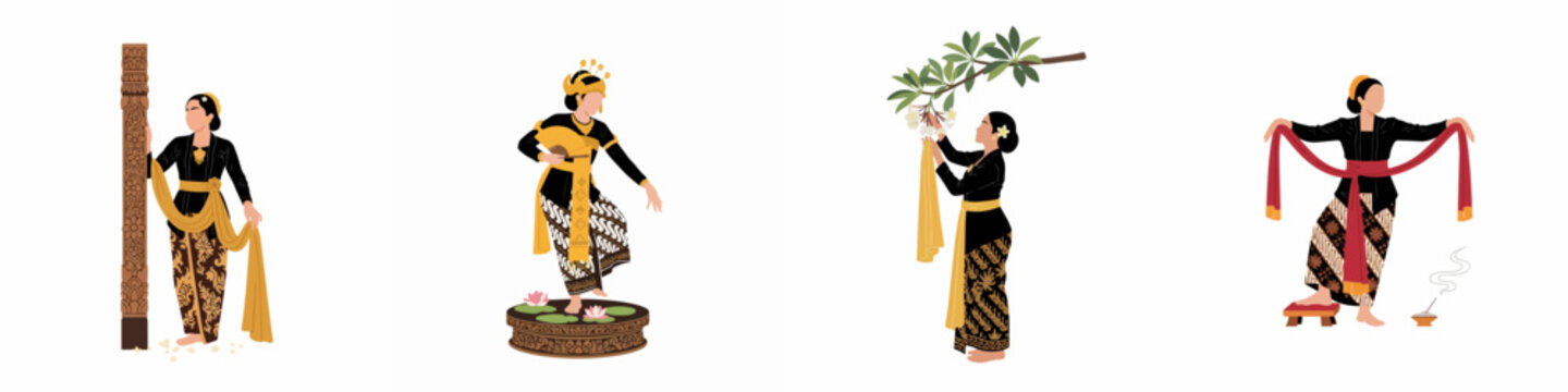 Set of illustrations depicting women in traditional Indonesian kebaya and batik attire, showcasing cultural heritage, dance, and customs in a flat vector style.