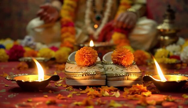 Indian Lord Laxmi Charan Paduka with Oil Lamps and Marigold Flowers for Diwali Festival, Hindu Puja Ritual and Dhanteras Celebration Vector Background