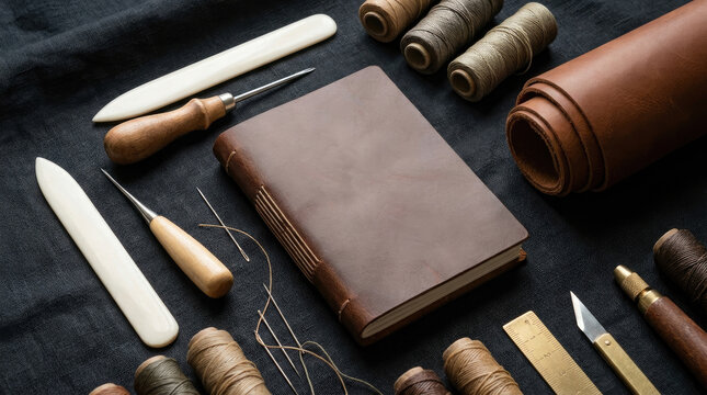 Leather bookbinding tools and materials arranged dark fabric background, showcasing