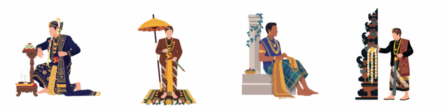 Set of illustrations depicting men in traditional Indonesian ceremonial attire, representing Javanese and Balinese cultures with cultural symbols and traditional clothing.