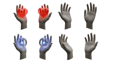 Fototapeta premium 3d render of hands holding glowing hearts and spheres on white suggesting care healing love and fortune telling