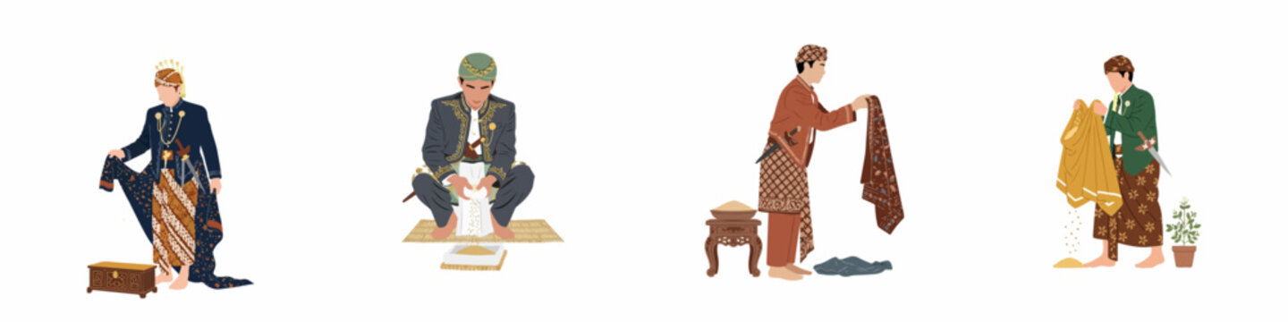 Flat vector illustrations of Javanese men in traditional wedding attire performing various cultural marriage rituals, isolated on a white background.