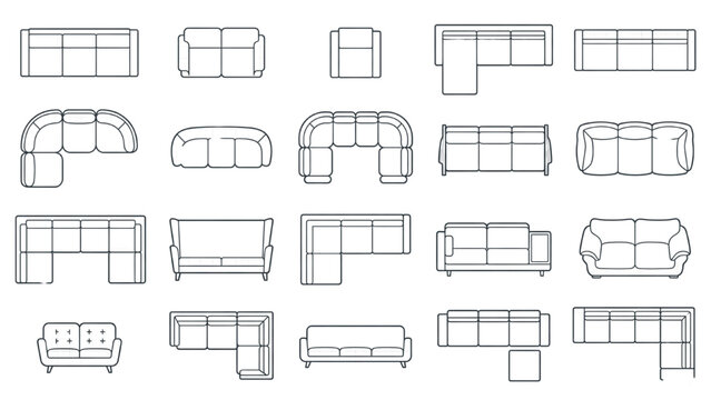 A collection of various sofa designs in a top-down view, presented as line drawings for interior design planning