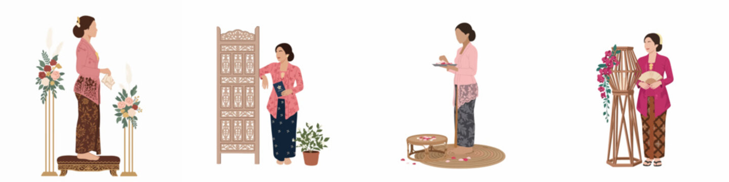 Collection of Indonesian Women Wearing Traditional Javanese Kebaya and Batik for Marriage Ceremonies and Cultural Events Flat Vector Illustration
