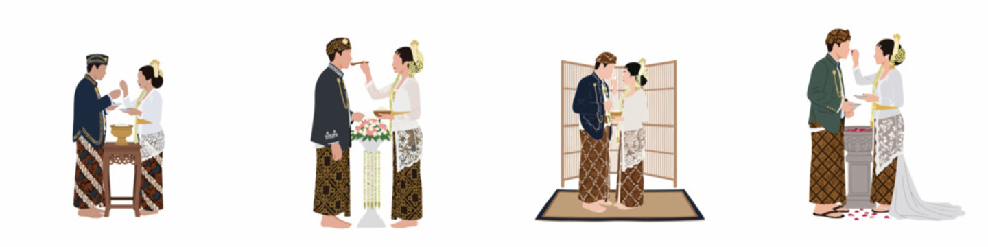 Traditional Javanese Wedding Ceremony Rituals Illustration Set Featuring Bride and Groom in Ethnic Attire