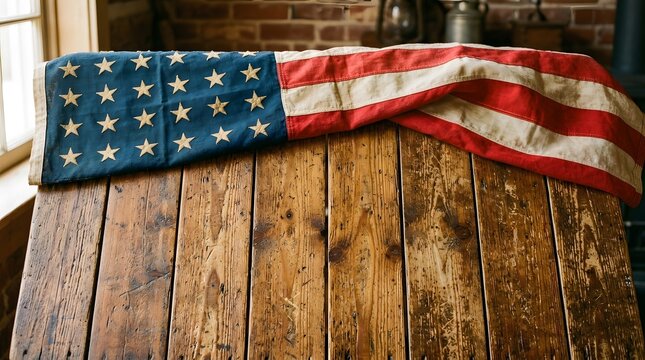 Vintage american flag on wooden table