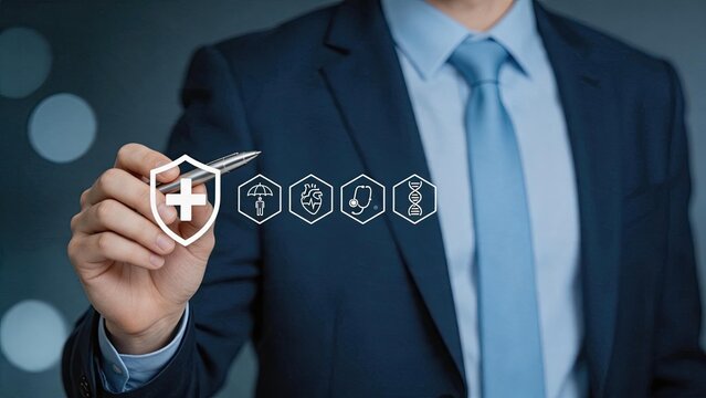 Businessman in suit drawing health insurance shield icon and medical symbols with pen, healthcare coverage, life protection, wellness program, corporate benefits, employee safety,