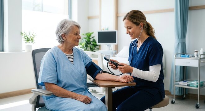 Caring Nurse Checks Senior Patient's Blood Pressure In Bright Clinic Room