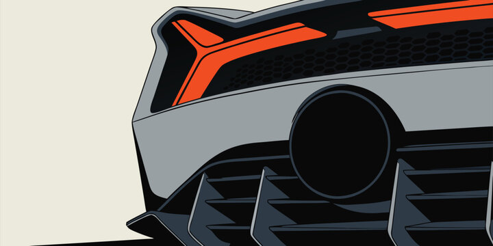 Modern grey supercar rear view illustration with large black exhaust pipe and bright orange taillight