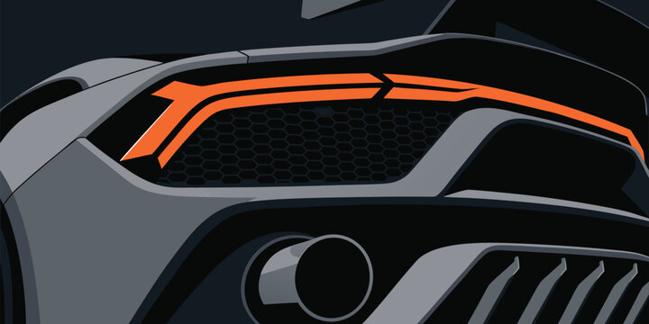 Stylized close up illustration of a dark gray sports car with honeycomb grille and orange stripe