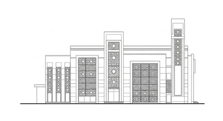 Obraz premium Commercial Building Elevation CAD Facade Technical Vector Line Drawing