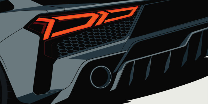 Stylized digital illustration of a grey supercar rear featuring an angular glowing tail light and exhaust