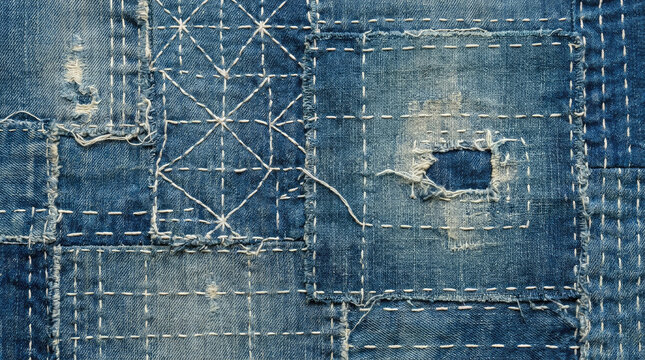 Textile repair stitches on denim fabric showcase intricate patterns and textures