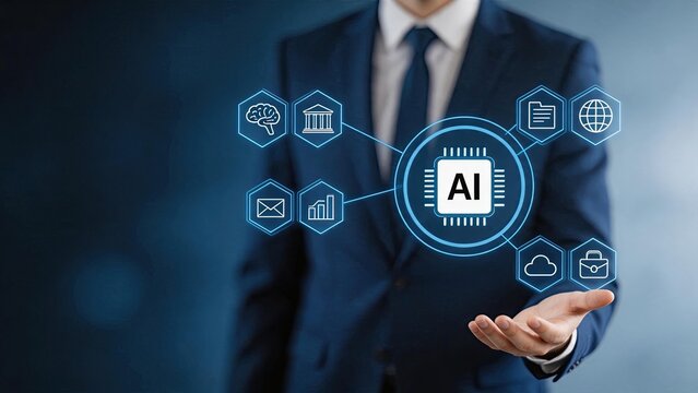 Businessman holding AI chip hologram, artificial intelligence concept with digital icons for brain, bank, global network, cloud computing, analytics, email, security and documents.