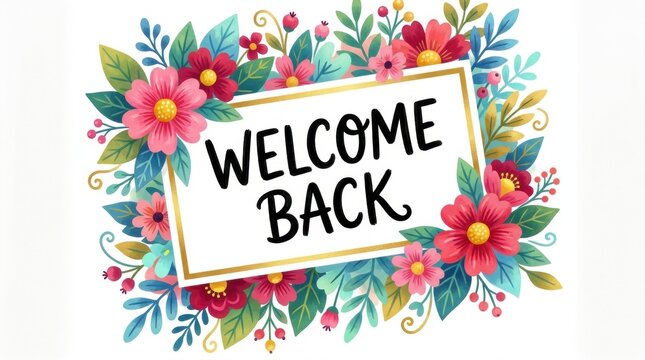 Colorful floral welcome back sign with pink flowers and gold frame on white background