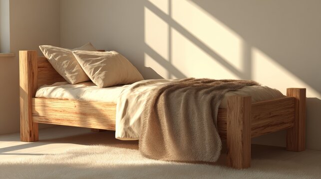 2.Wooden single bed with simple pillow and blanket, uncluttered composition, soft shadows, warm natural tones, comfortable and peaceful bedroom furniture scene