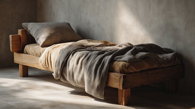 2.Wooden single bed with simple pillow and blanket, uncluttered composition, soft shadows, warm natural tones, comfortable and peaceful bedroom furniture scene