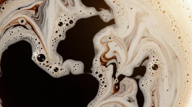 Macro close up of frothy coffee foam with bubbles and milk swirls.