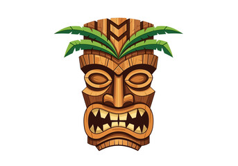 Traditional Polynesian Tiki Mask Illustration with Palm Leaves - Wooden Tribal Totem Isolated on White © Desti