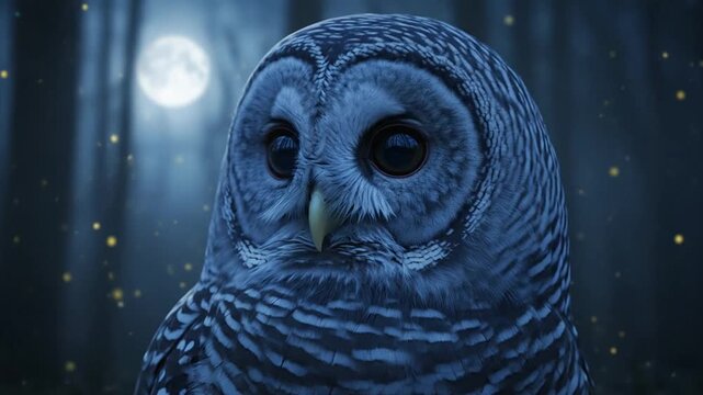 Close up portrait of a great grey owl against a full moon.
