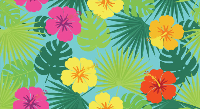 Tropical seamless pattern with hibiscus flowers and palm leaves, exotic summer floral background vector, vibrant botanical jungle wallpaper