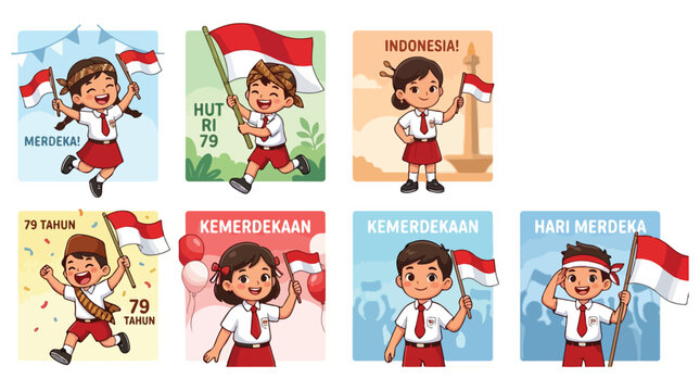 Indonesian elementary students in scout uniform standing together in front of school building, cute schoolkids character pack wearing brown pramuka uniform, cartoon vector illustration