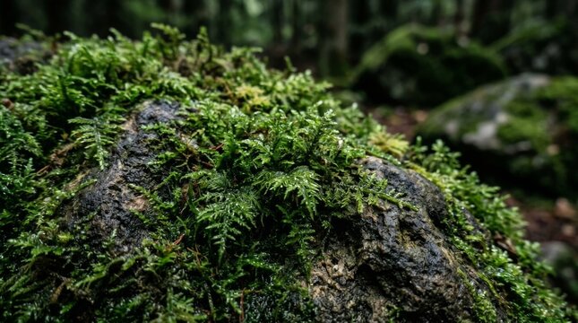 Vibrant Green Moss Growing on a Wet Forest Rock