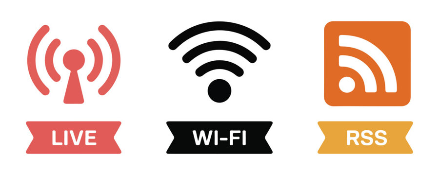 Information technology icons for live streaming wireless network and rss feed content delivery.