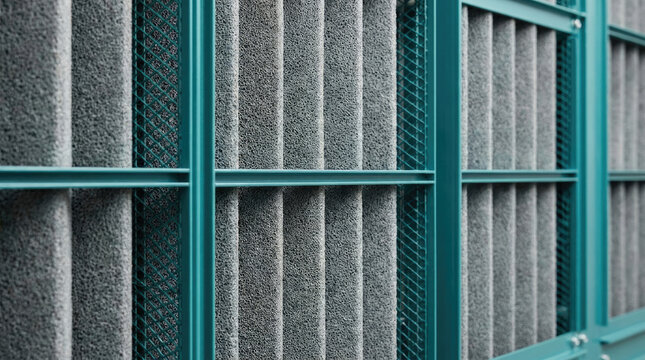 Industrial air filtration system with textured filters and metal frame, showcasing efficiency