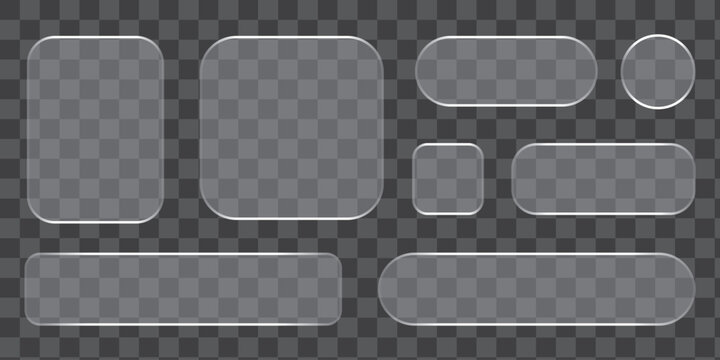 Transparent glass buttons and UI frames in liquid glassmorphism style. Modern 3D vector interface with frosted blur, glossy light and abstract geometric shapes for app or web design.