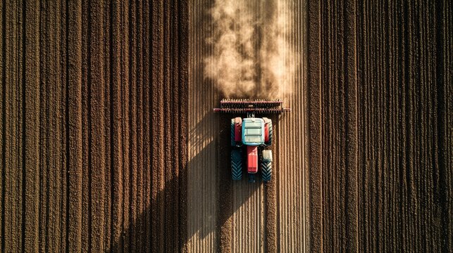 60.Overhead view of agricultural tractor working in a cultivated field, visible fertilization lines, clean composition, crop care and growth concept