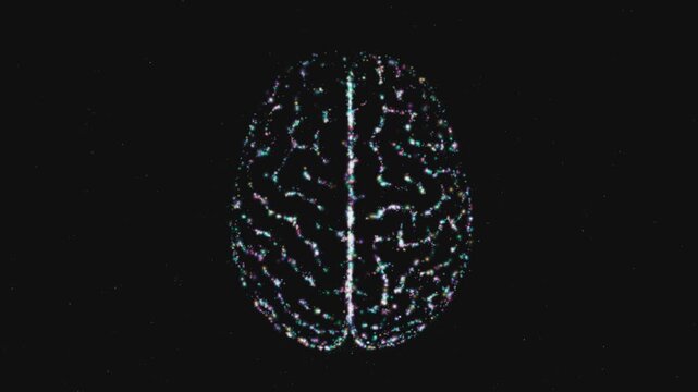 4K abstract human brain top view forming from neon particles with disintegration effect on black background for ai technology motion graphics.