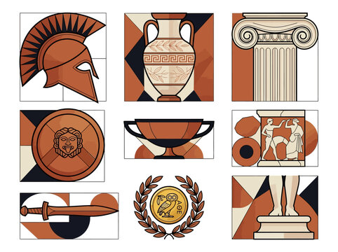 Ancient Greek History and Mythology Icon Set - Minimalist Flat Vector Illustrations of Spartan Helmet, Column, Amphora, and Classical Symbols