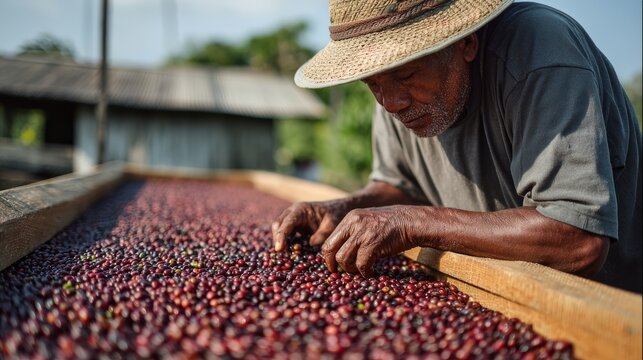 79.Man working at a coffee farm during bean drying process, carefully inspecting and tossing dried coffee beans, natural daylight