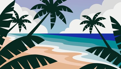 Obraz premium Tropical Beach Paradise with Palm Trees and Clear Blue Ocean in Flat Vector Illustration
