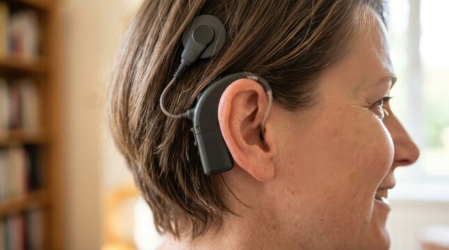 Woman with Cochlear Implant Smiling, Hearing Aid Technology for Deafness