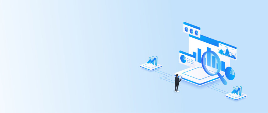 Isometric stock market digital data analyzing with magnifying glass, business analyzing market graph concept web banner.
