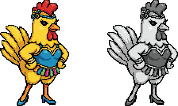 Two cartoon chickens, one in vibrant color and one in grayscale, dressed in festive showgirl-like outfits with headbands, tops, skirts, bracelets, and high heels, standing upright.