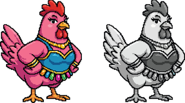 Two cartoon chickens, one pink and one grayscale, wearing human-like tops and jewelry with a confident expression, in a pixel art style.