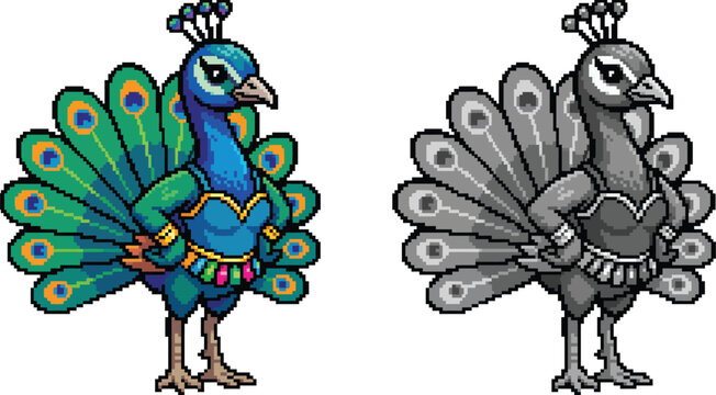 Colorful and grayscale pixel art peacocks standing with fanned tails, depicted in a stylized, upright pose with ornate chest adornments.