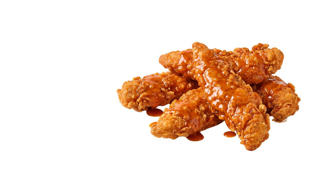 Crispy buffalo chicken tenders with spicy glaze, golden fried chicken strips, breaded poultry appetizers for restaurant menu isolated PNG with Transparent Background