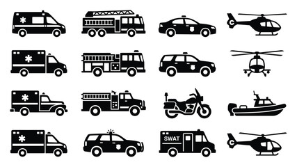 Emergency response and rescue vehicle premium flat black vector icon set featuring ambulance, fire truck, police car and helicopter transport symbols © ArtMint