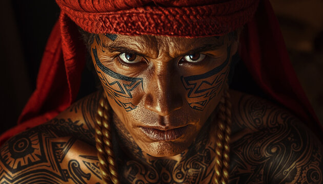 A 16th-century Visayan Datu, intense gaze, intricate traditional Patikan geometric tattoos covering neck and chest, wearing a deep red silk Puting headcloth, heavy Kamagi gold chain necklace.
