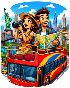 Open-top sightseeing bus with tourist couple